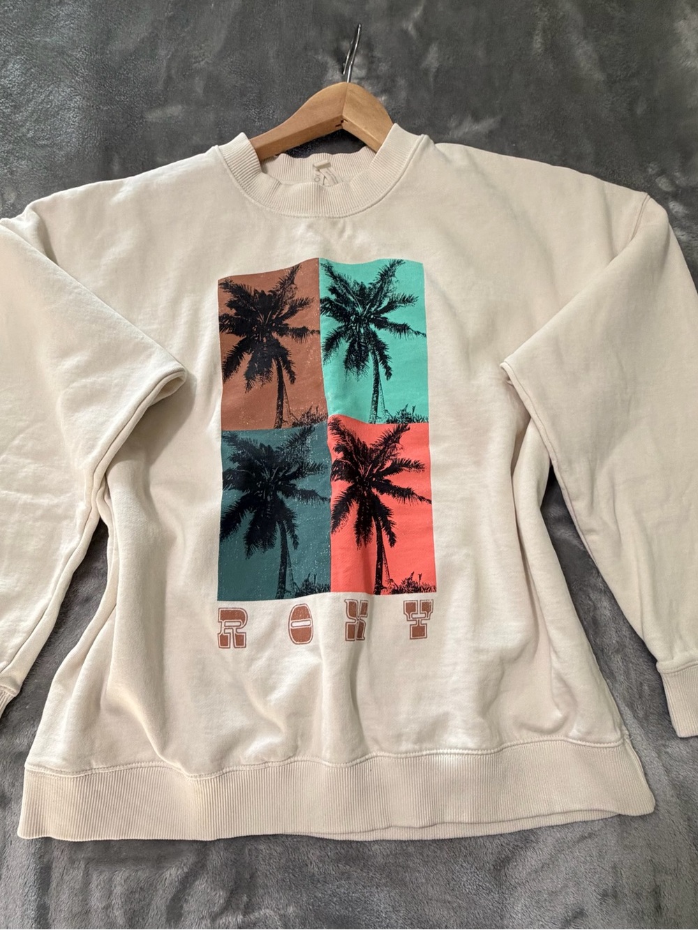 Roxy Cream Crewneck Sweatshirt with Multicolor Palm Panels